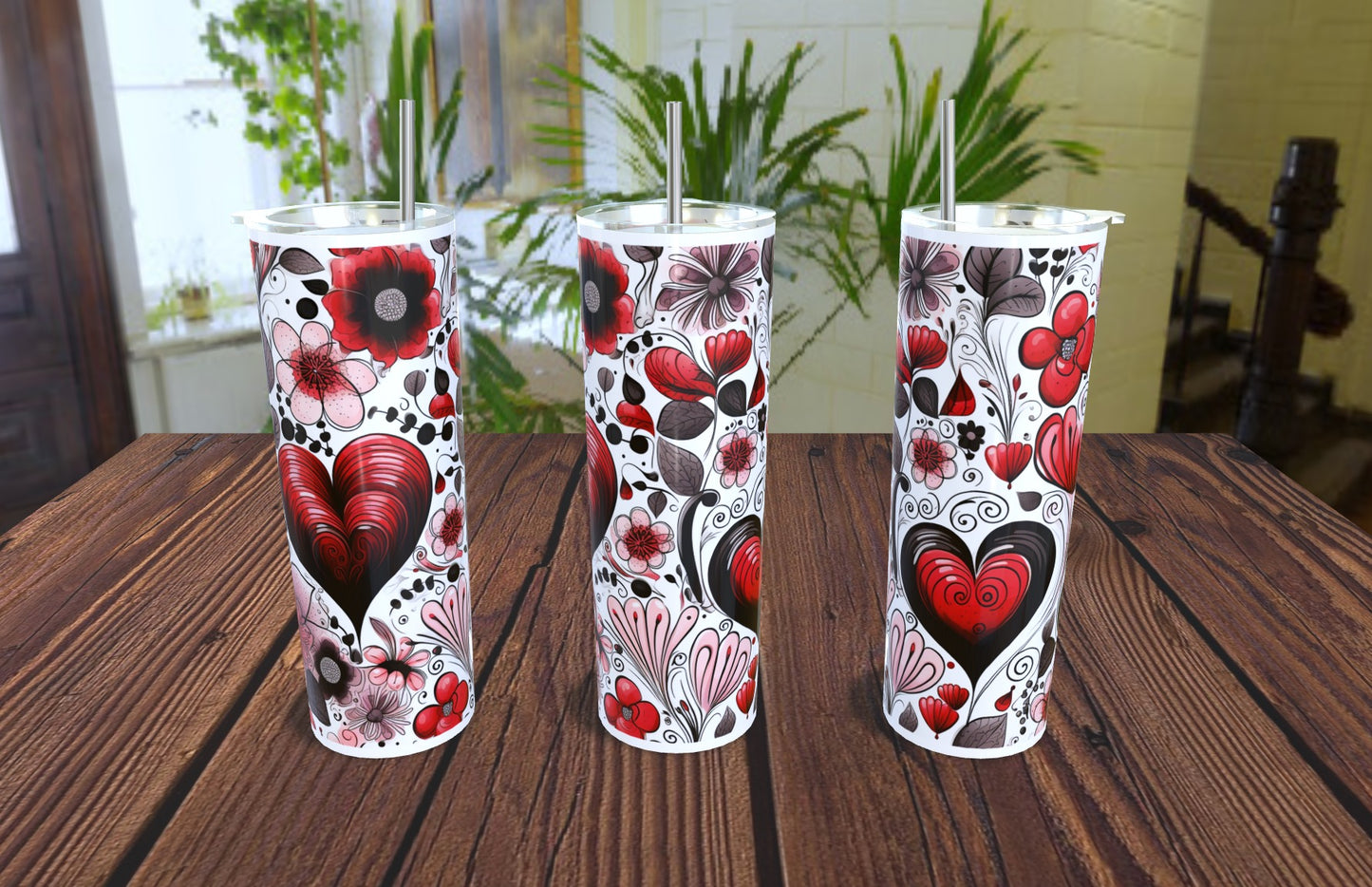 20oz Valentine's Floral Hearts- Red/Blk Tumbler