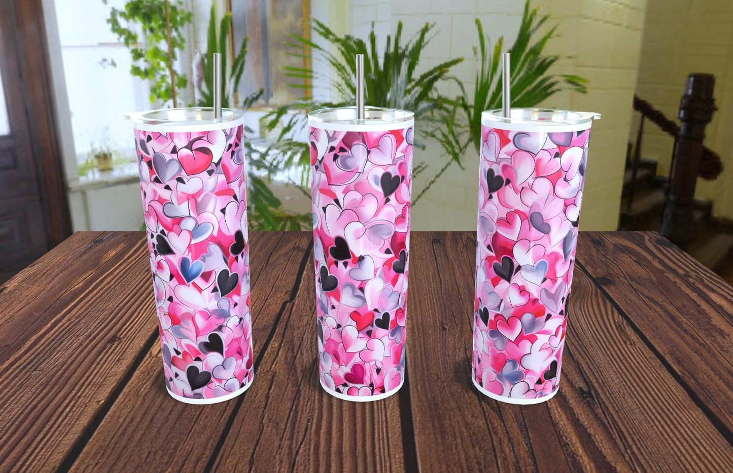20oz Valentine's Hearts Pattern- Pink/Blk Tumbler