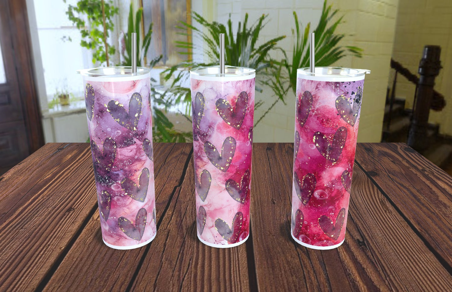20oz Valentine's Watercolor Hearts Pattern Tumbler