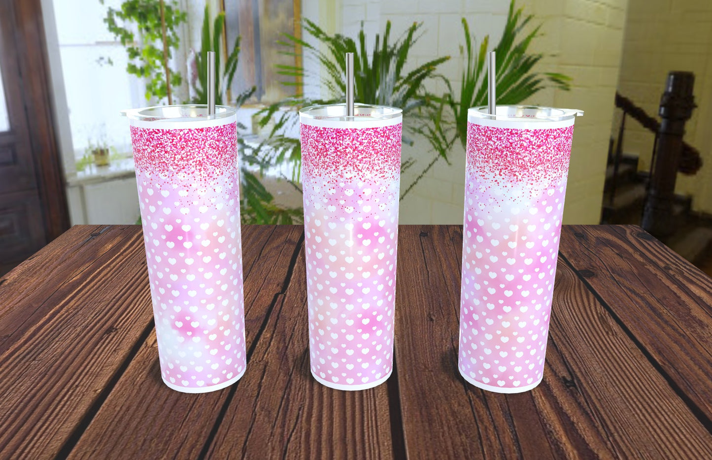 20oz Pink Glitter Hearts Tumbler