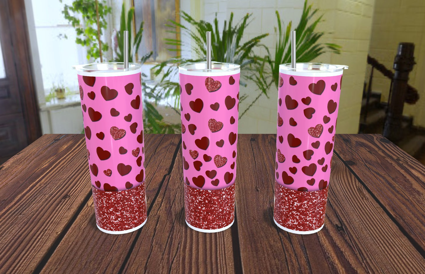 20oz Valentine's Red Glitter Pink Hearts Tumbler