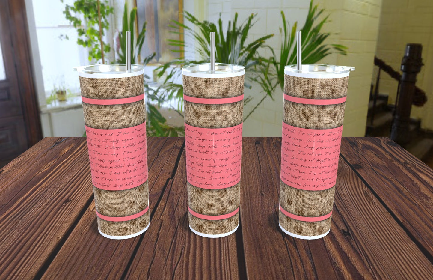 20oz Valentine's Burlap Pink Tumbler