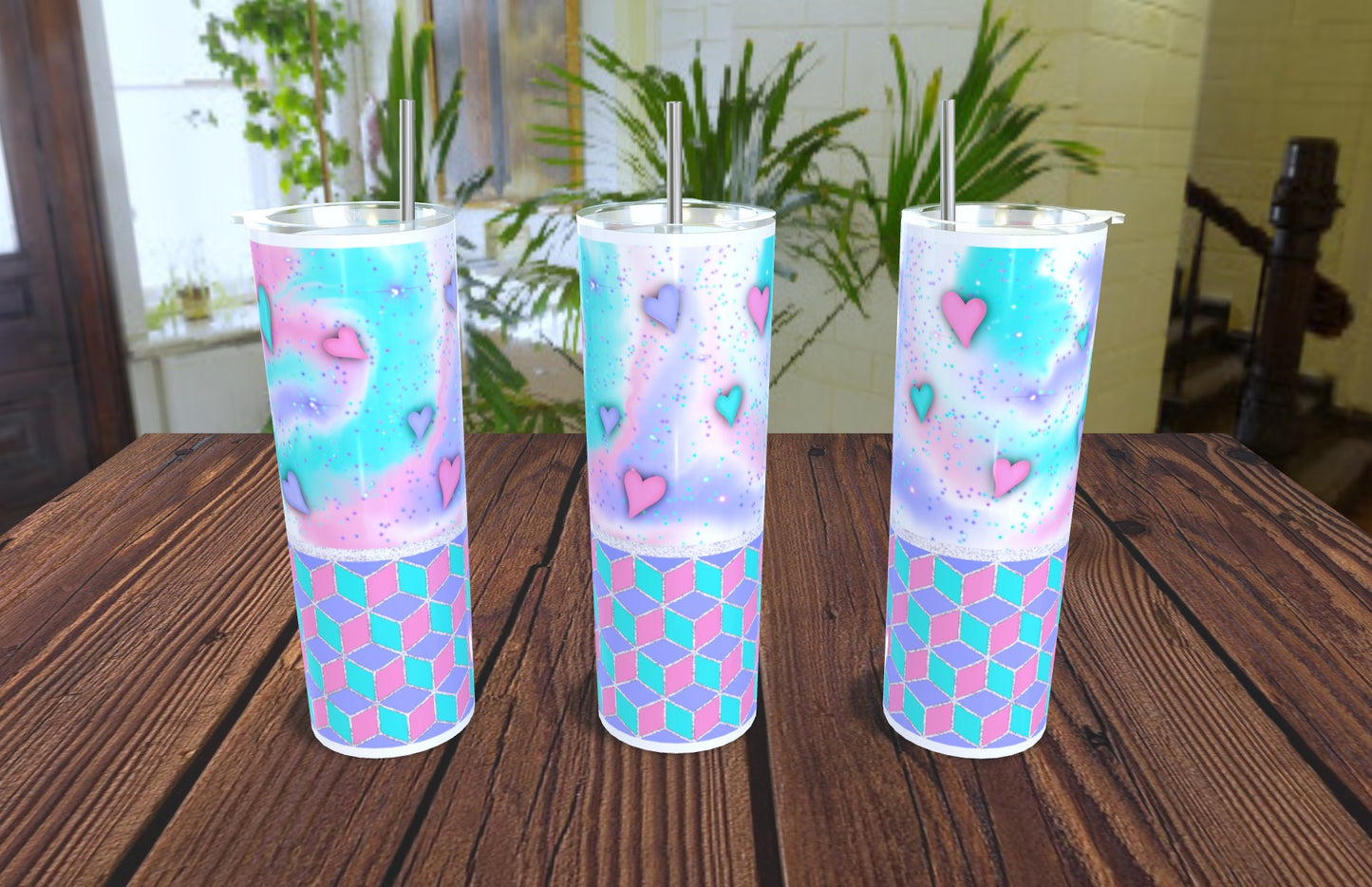 20oz Valentine's Pastel Hearts Geometric Tumbler