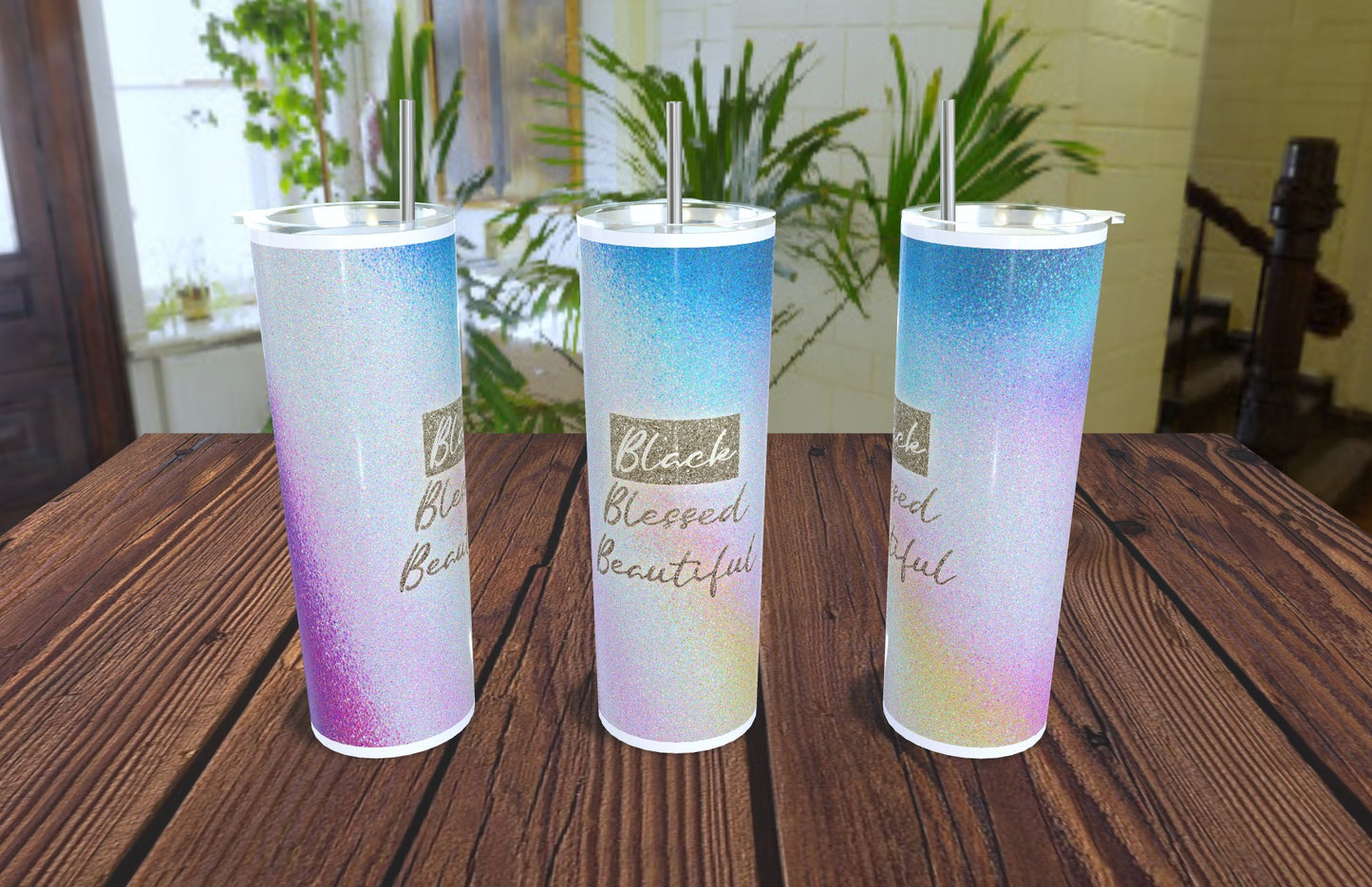 20oz. 'Black, Blessed, Beautiful' Multi-Colored Glitter Tumbler