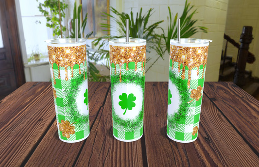 20oz. St. Pat's Green Plaid Glitter Drip Tumbler